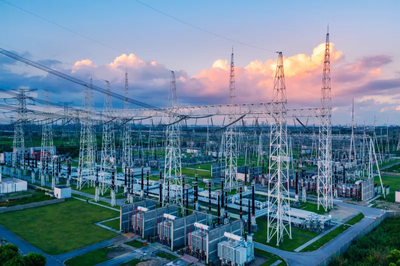 aerial view of a high voltage substationindustrial power tower background