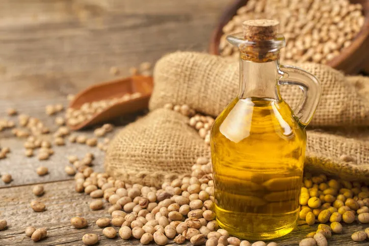 homemade organically produced soybean oil on a rustic wooden table