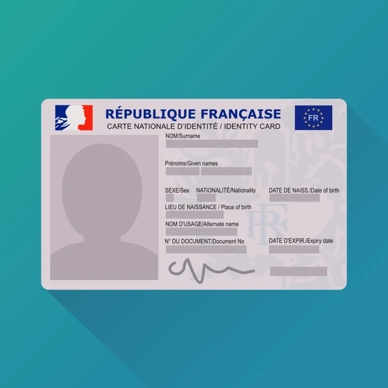 representation in flat design style of the 2021 version of the french identity card on a blue background