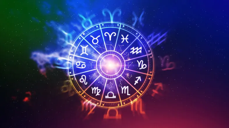 concept of astrology and horoscope, person inside a zodiac sign wheel, astrological zodiac signs inside of horoscope circle, astrology, knowledge of stars in the sky, power of the universe concept