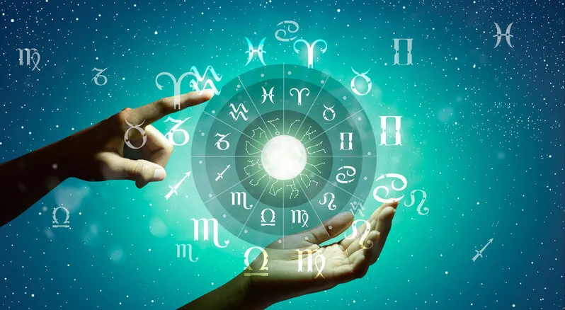 astrological zodiac signs inside of horoscope circle astrology, knowledge of stars in the sky over the milky way and moon the power of the universe concept