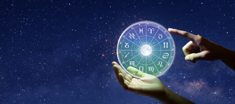 astrological zodiac signs inside of horoscope circle astrology, knowledge of stars in the sky over the milky way and moon the power of the universe concept