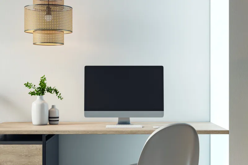 desktop computer on wooden desk, modern decor, light background, stylish lamp, minimalist design, clean workplace concept, indoors view 3d rendering