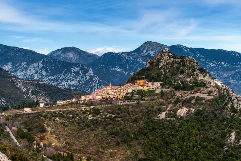 landscape view of the idyllic coastal mountain village of sainte-agnes in the alpes-maritime region of the cote d'azur in southern france