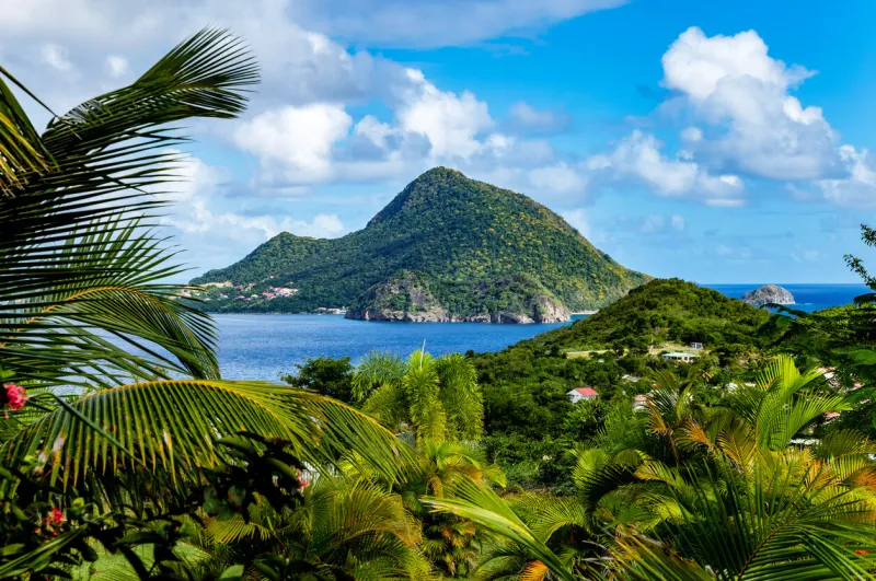 le chameau mountain, terre-de-haut, iles des saintes, les saintes, guadeloupe, lesser antilles, caribbeanle chameau mountain as seen from the island terre-de-bas