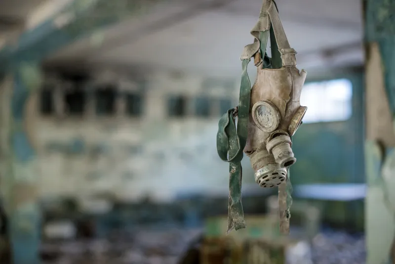 gas masks in the middle school in pripyat, chernobyl exclusion zone nuclear catastrophe