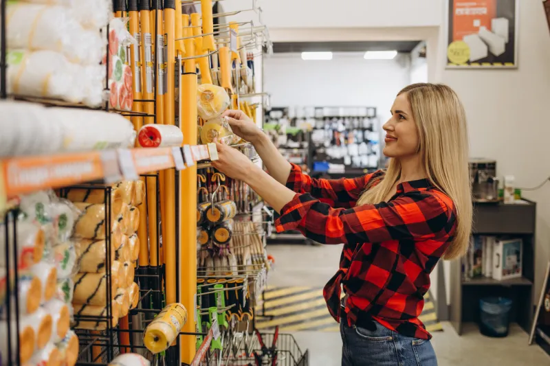 happy female customer shopping in hardware store