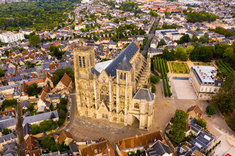 aerial view of french commune of bourges in summer day looking out over ancient gothic cathedral of st stephen