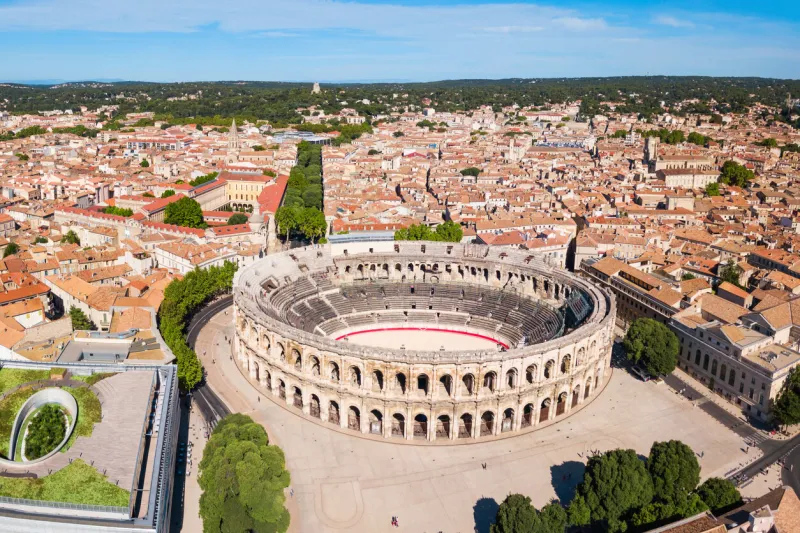 nimes arena aerial panoramic view nimes is a city in the occitanie region of southern france