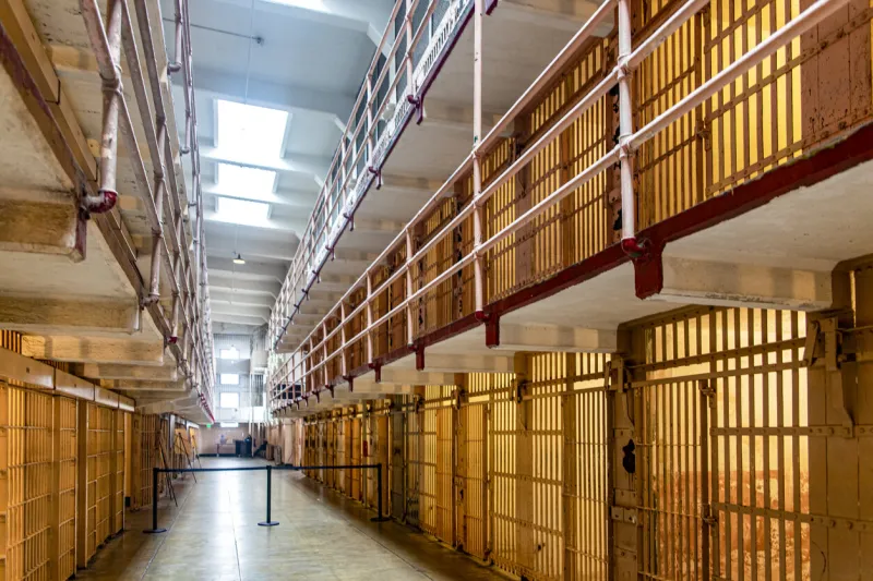 corridor of a module and block of the federal prison on alcatraz island in san francisco bay, in the state of california, usa american jail concept
