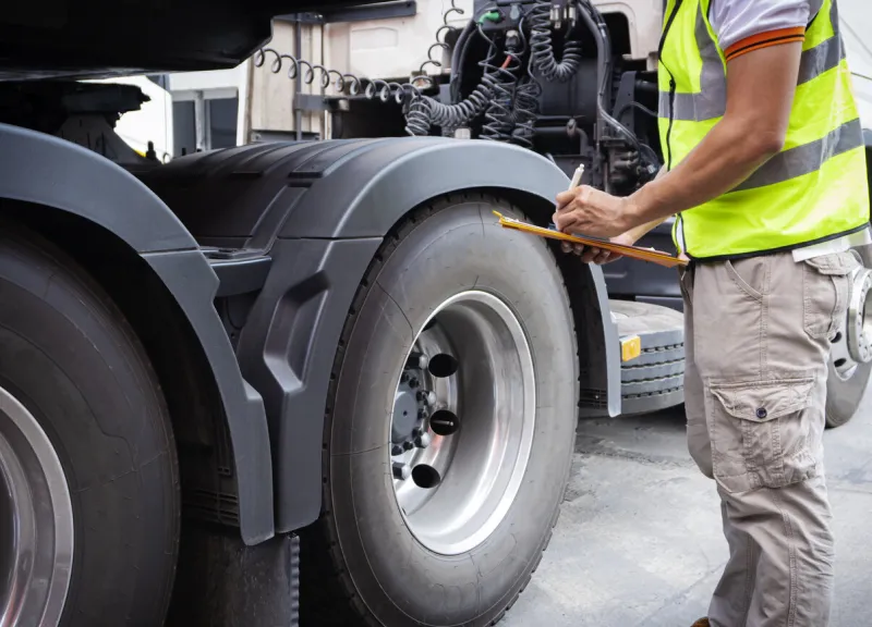 truck driver is inspecting check truck wheels