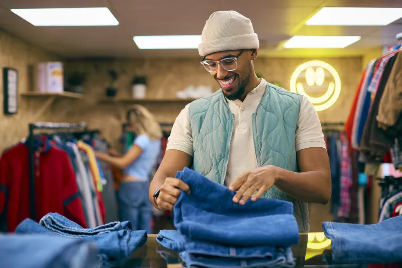 male sales assistant or customer sorting and looking at jeans in fashion store
