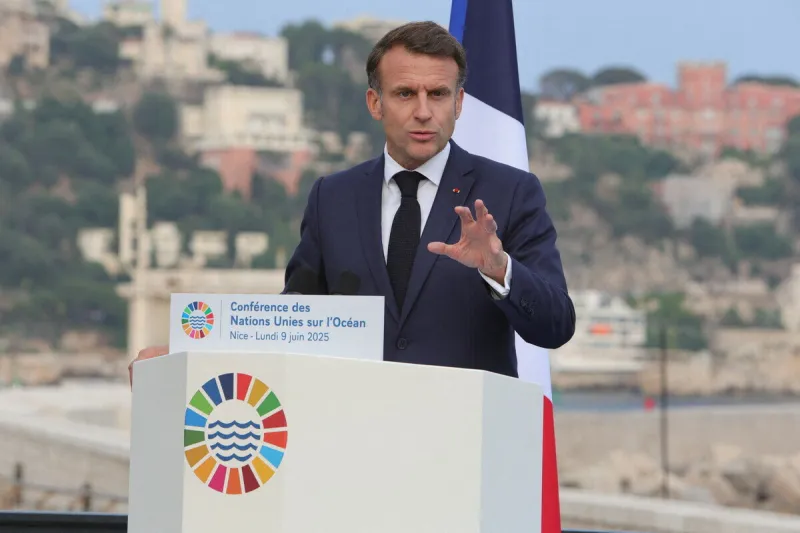 macron during a press conference at unoc3 - nice