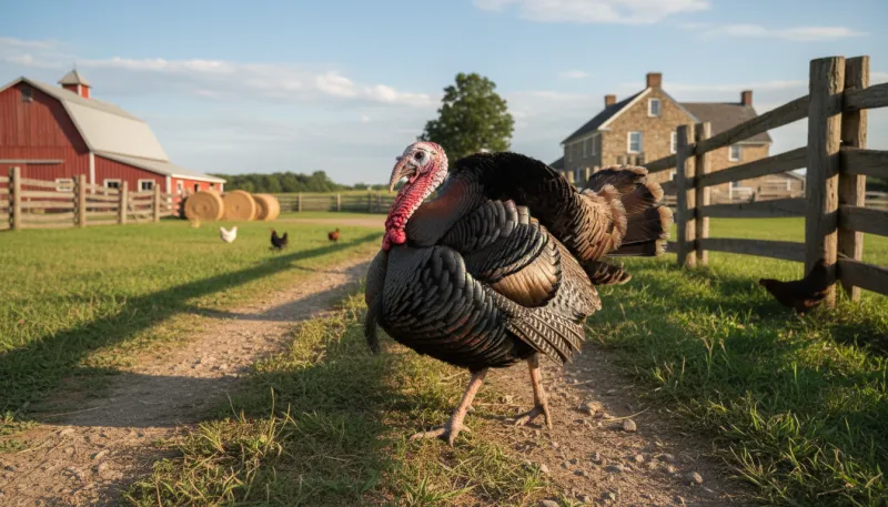 Une photo d'une dinde fermière en extérieur, sur une exploitation agricole.