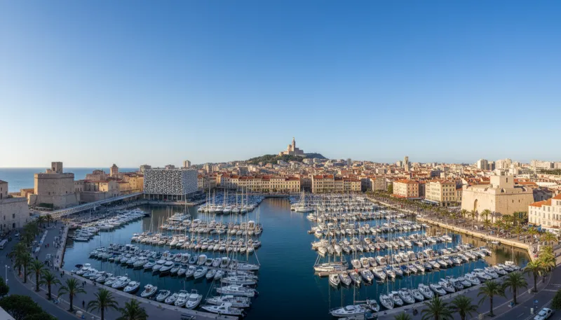 Une photo panoramique du Vieux-Port de Marseille avec Notre-Dame de la Garde en arrière-plan, sous u