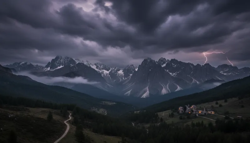 Un paysage de montagne avec des nuages sombres et orageux