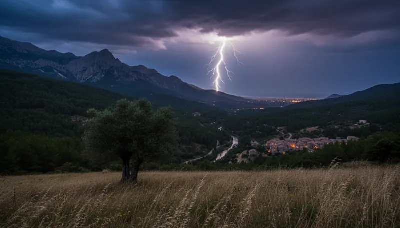 Une photo d'un éclair illuminant le ciel au-dessus d'un paysage des Pyrénées-Orientales