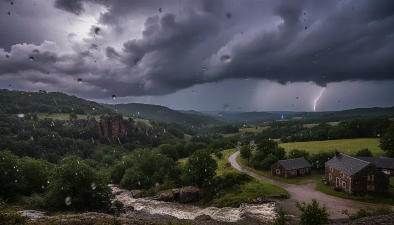 Un paysage de l'Aveyron sous une averse orageuse, avec des nuages sombres et de grosses gouttes de p