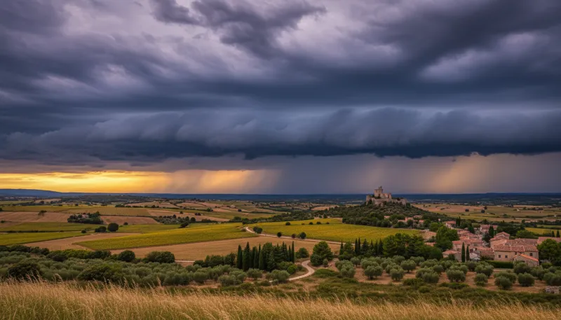 Un ciel menaçant avec des nuages d'orage et une lumière légèrement jaune au-dessus d'un paysage typi