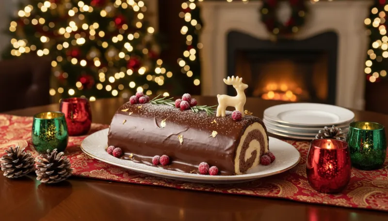 Une photo d'une bûche glacée de Noël élégamment présentée sur une table