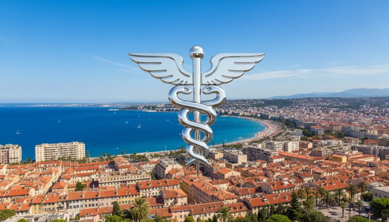 Une photo panoramique de Nice, avec un graphique ou un symbole d'argent superposé.