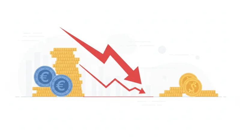 Une illustration de quelques pièces d'euro avec une flèche symbolisant une diminution ou une perte f