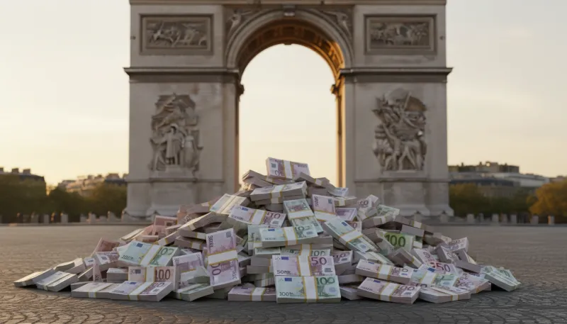 Une photo des piles de billets en euros avec en arrière-plan un monument emblématique de Paris, symb