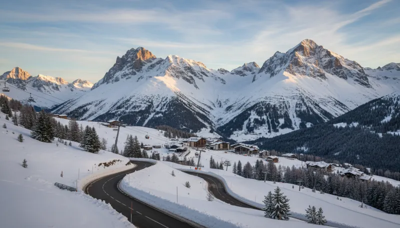 Un paysage de montagne enneigé avec une route dégagée menant à une station de ski