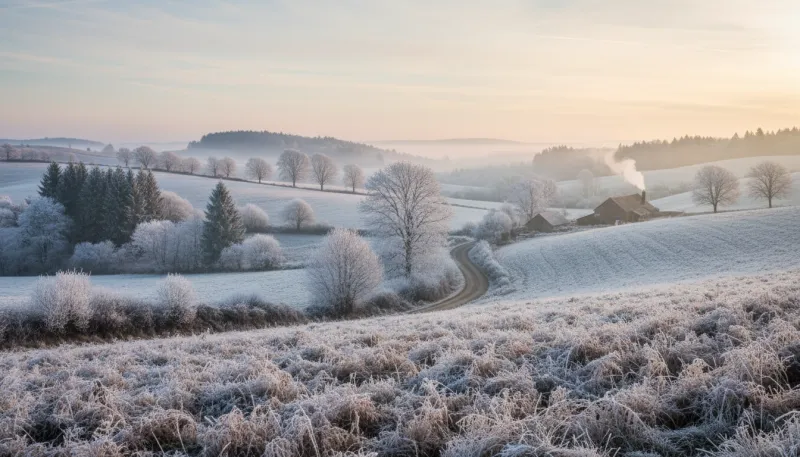Une photo d'un paysage du Limousin couvert de gelée matinale