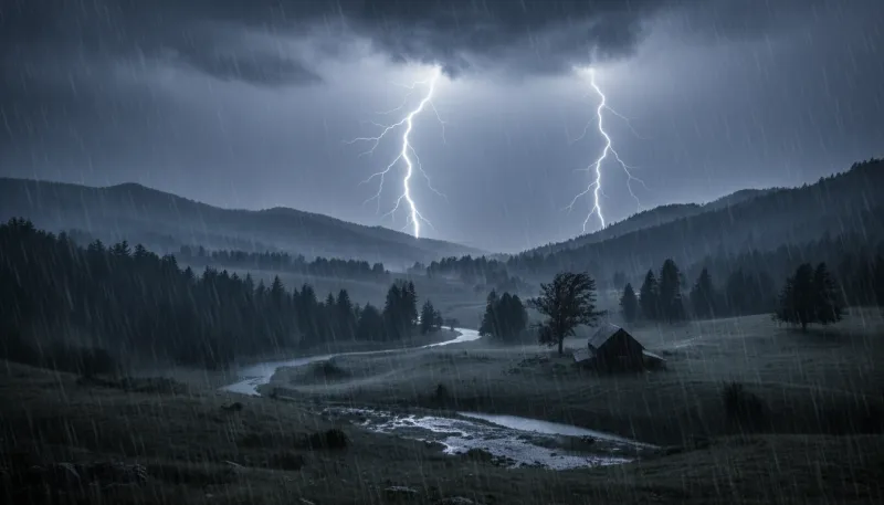 Une photo d'un paysage sous de fortes précipitations avec des éclairs