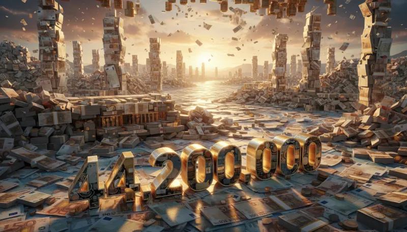 Une photo conceptuelle de la ville de Cannes avec des piles de billets d'euros et le chiffre 44,2 mi