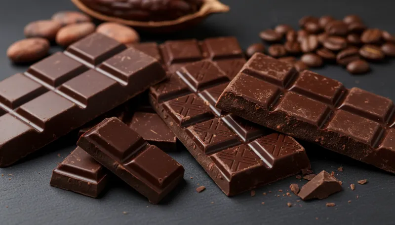 Une photo en gros plan de différentes barres et morceaux de chocolat noir