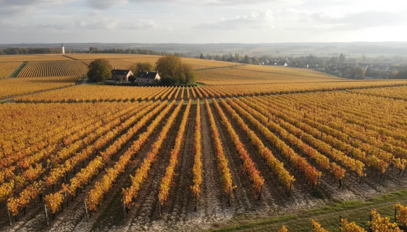 Une photo d'un vignoble de Champagne, illustrant les rangées de vignes et le terroir.