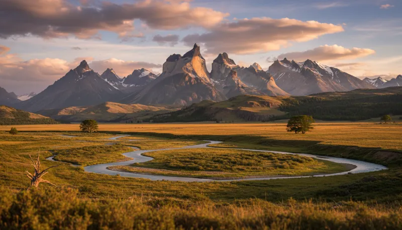 Une vue panoramique d'un paysage où une zone de plaine borde des montagnes et collines