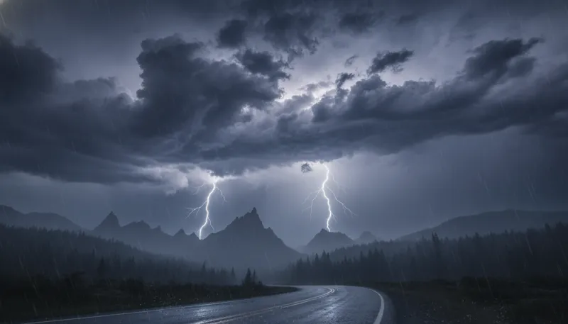 Une photo d'un ciel sombre et orageux avec de fortes averses
