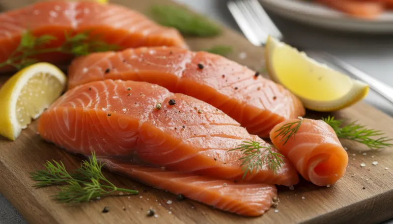 Gros plan sur des tranches de saumon fumé frais.