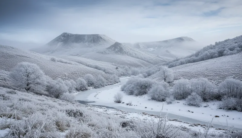 Un paysage du Massif Central ou du Cantal recouvert de givre et de glace