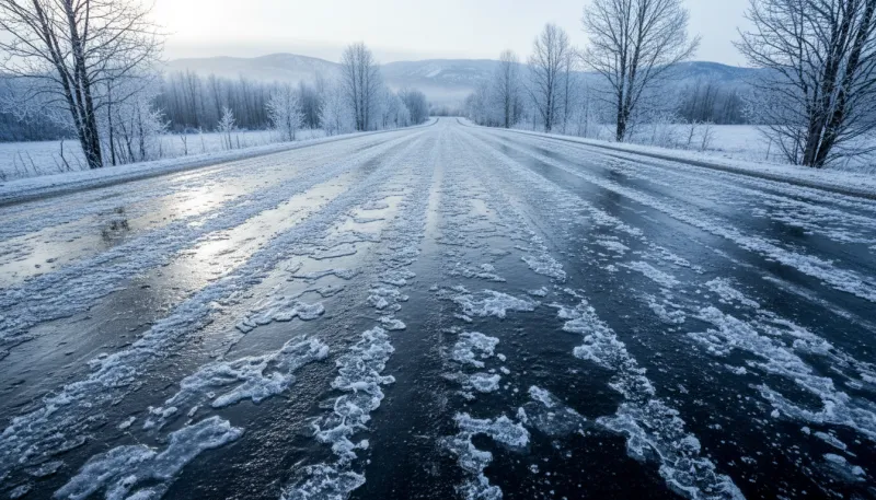 Une photo d'une route gelée avec des plaques de verglas visibles