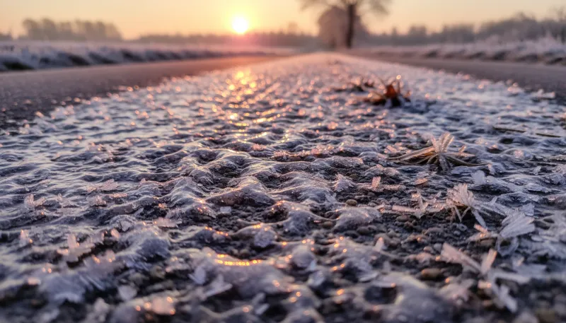 Gros plan sur une couche de verglas ou de givre couvrant une route de campagne au lever du soleil