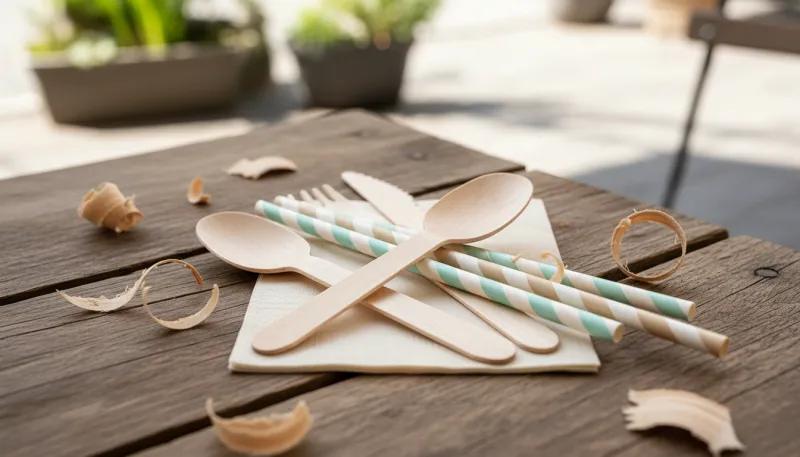 Une photo de pailles et de couverts jetables fabriqués à partir de matériaux biodégradables comme le