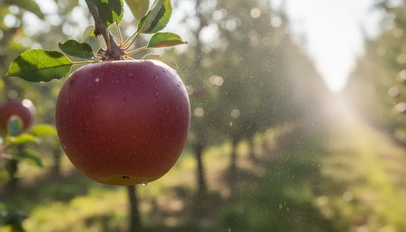 Photo d'une pomme rouge parfaite dans un verger recevant une légère pulvérisation protectrice.