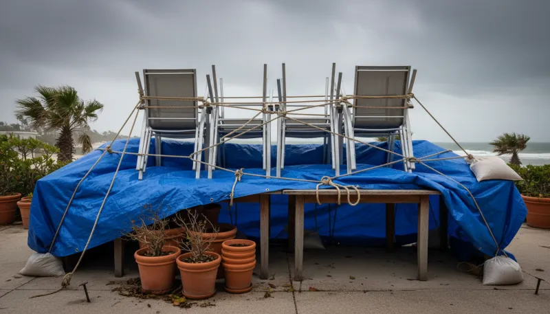 Photo d'objets extérieurs (mobilier de jardin, pots de fleurs) empilés et sécurisés contre le vent