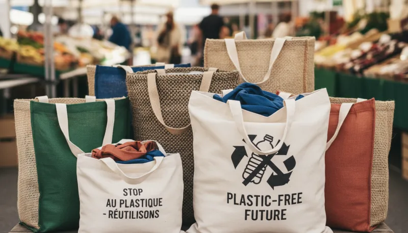 Une photo de sacs de caisse réutilisables en tissu ou en matériaux durables, symbolisant l'interdict