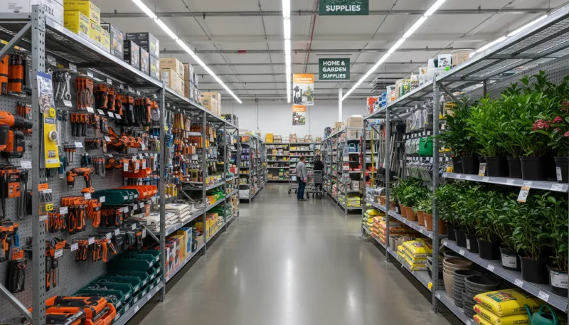Une image d'un magasin de bricolage et de jardinage, montrant des outils et des plantes sur de large