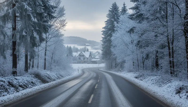 Une photo d'une route ou d'un paysage dans la région Grand Est recouvert de verglas et de neige légè