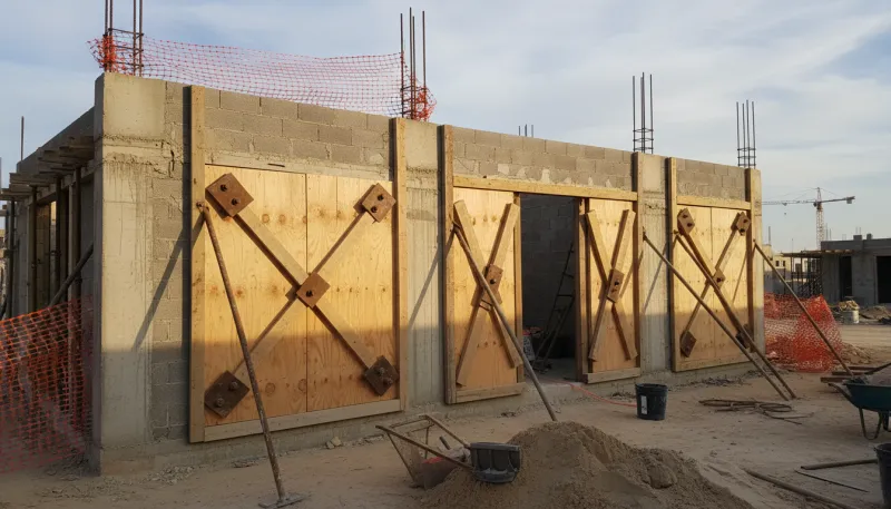 Une photo d'un mur en construction avec des ouvertures scellées et renforcées