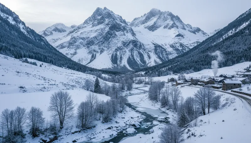 Photo d'un paysage montagneux enneigé et froid, typique de la région Auvergne-Rhône-Alpes.