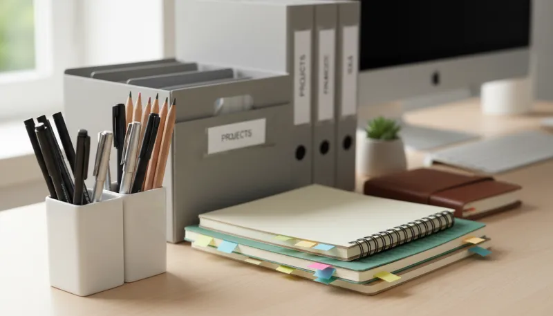 Une photo en gros plan de fournitures de bureau bien organisées, telles que des stylos, des cahiers 