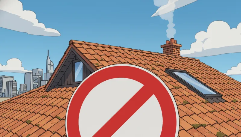 Une illustration d'une toiture avec un grand panneau d'interdiction (cercle rouge barré) au premier 