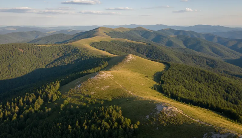 Une photo panoramique du massif des Vosges avec des forêts et des crêtes douces